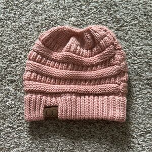 C.C BeanieTail Cable Knit Messy‎ High Bun Ponytail Beanie Hat Pink